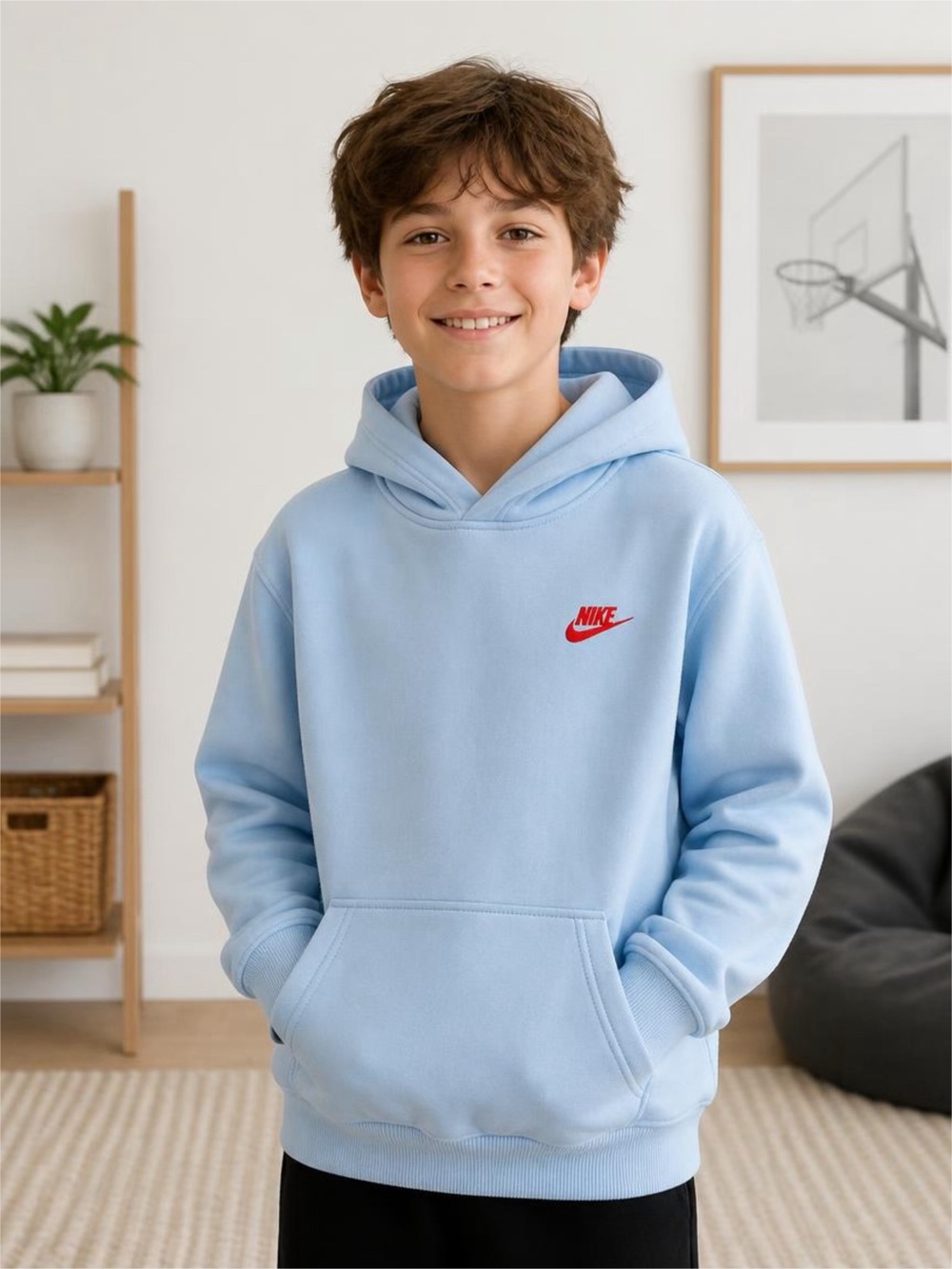 Nike Light Blue Pullover Hoodie with Red Swoosh